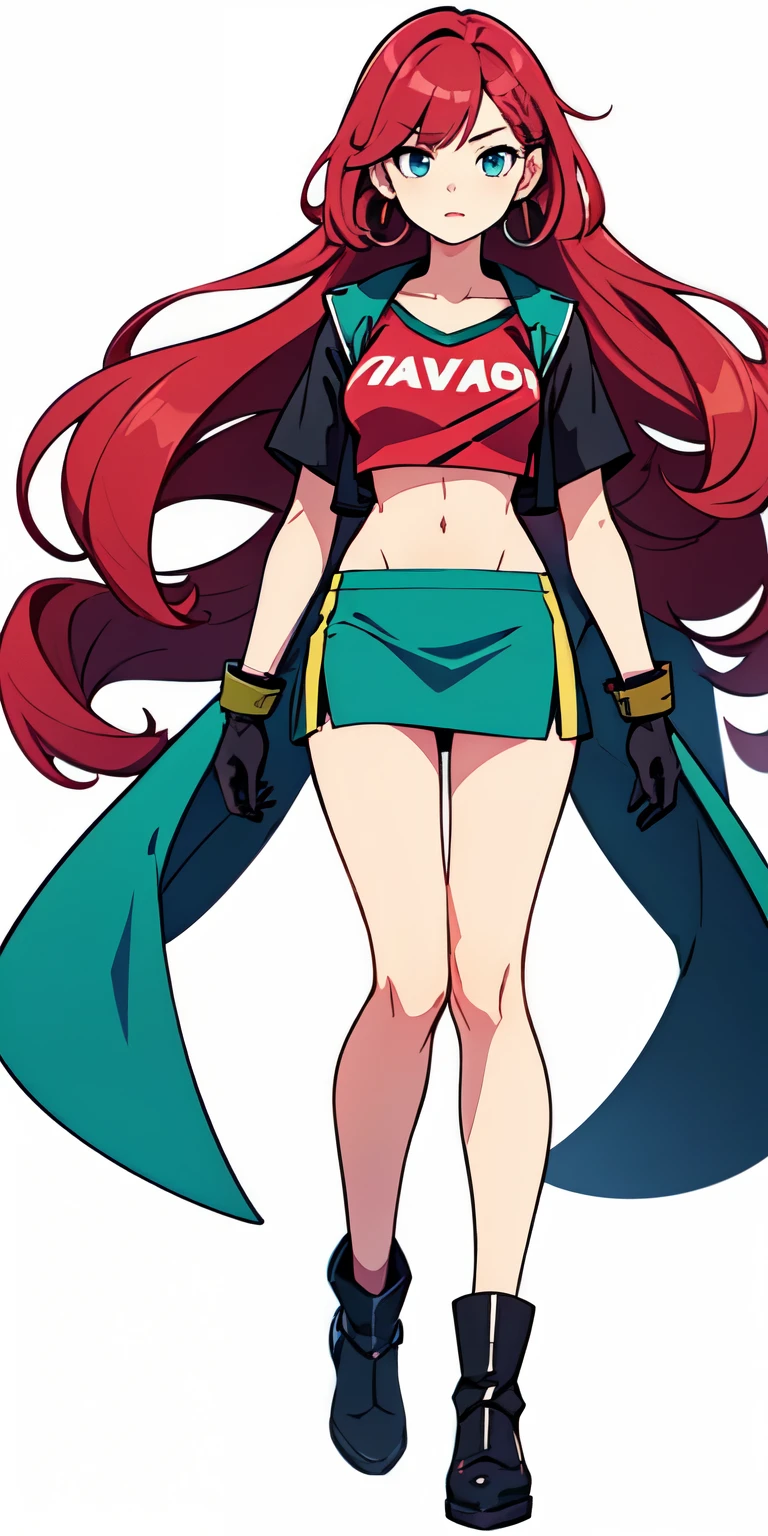 (Solo 1 mujer) Professional anime drawing, Dynamic view (front back mostly) full length, light-skinned female, 16 years old, symmetrical face, long curly magenta hair, blue eyes, crimson red lipstick, slim build and perfect figure, chest Firm and striking, he is approximately 1.65 meters tall, his usual attire consists of a tight white top with a red large R logo, underneath a cropped black T-shirt that reveals his belly button, long black boots and gloves, round colored stud earrings Green, White Tight Micro Skirt, Extremely Detailed Intricate Image