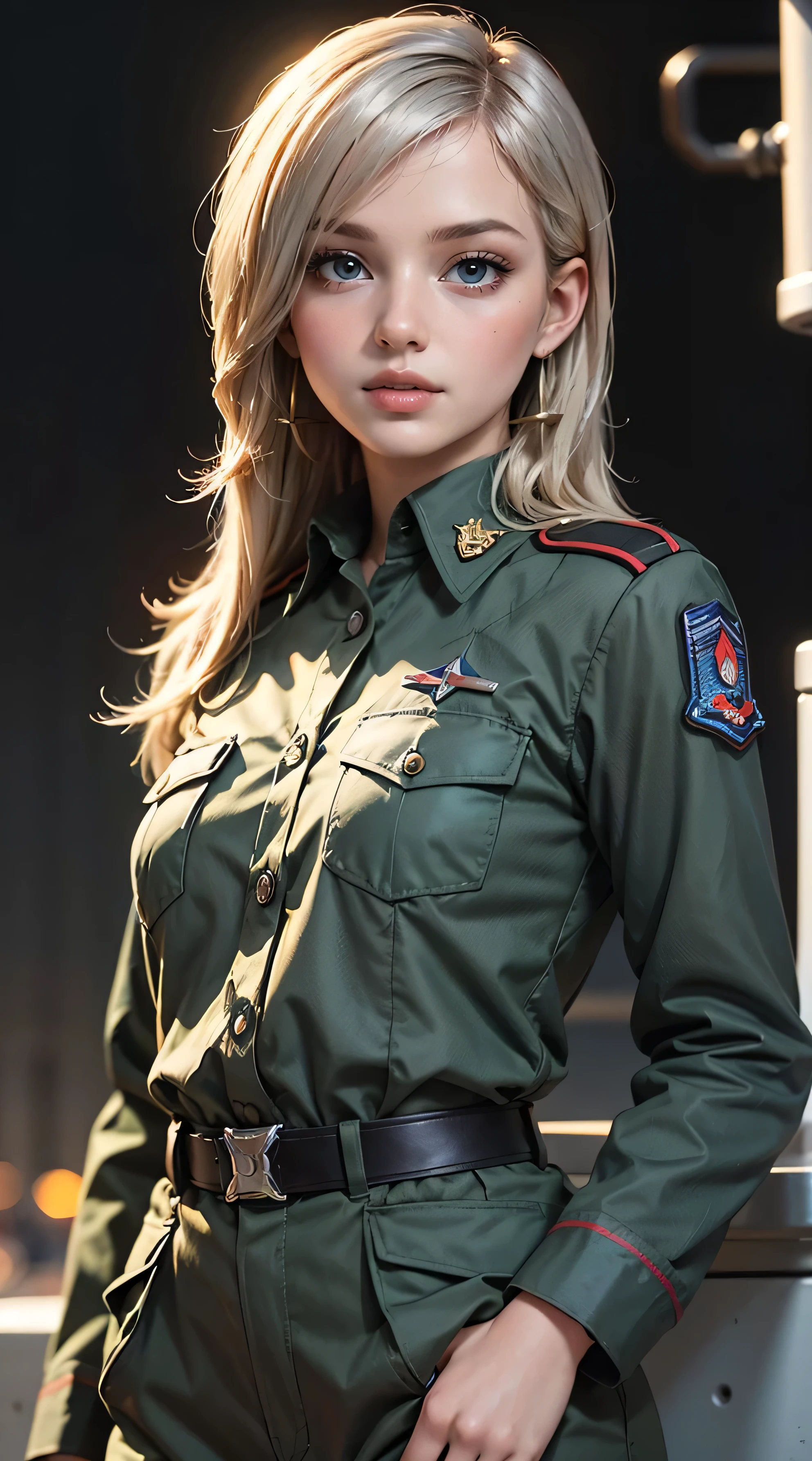 black woman, light smile, glowing skin, better quality, illustration, (realistic:1.4) 여성 soldier, female officer, soldier, military uniform, Permed hair, silver hair, black eyes, short hair