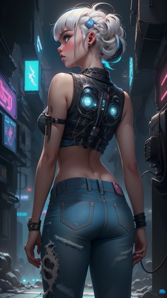 style of santiago caruso,1 Girl,Solitary,Blue Background,Oversized ,(dark ebony skin:1.4), (Hip-hop style:1.4) ,(Black plaid sleeveless T-shirt:1.4) ,(medias blancas brillantes/pantys:1.4),(jeans white :1.4) ,One hand behind your Back,Looking at the audience,(Soft and Straightforward Cyberpunk Hairstyle:1.5), Glowing fluorescent hair,Simple style,Wide Angle,Dynamic Angle,Slanted screen composition,(bangs_fixed_Back:1.5),(head_tilt:1.7),(The blush can be seen through the hair:1.4) , Epic Fantasy Art Style HD, 4K fantasy art, epic fantasy digital art style, epic fantasy art style, Fantasy Woman, epic fantasy art portrait, Epic fantasy style, hyperrealistic fantasy art, hd fantasy art, Epic fantasy character art, epic fantasy art, in style of dark fantasy art, epic fantasy digital art, (anatomía perfecta :1.4), (iluminación cinematográfica :1.4),( face detailed :1.4), (pose vaquero), (tiene un hermoso culo:1.4 ), (cabello white canoso :1.4), (colores brillantes), (cyberpunk style :1.4), (dark ebony skin:1.4), (rear view, backside view),