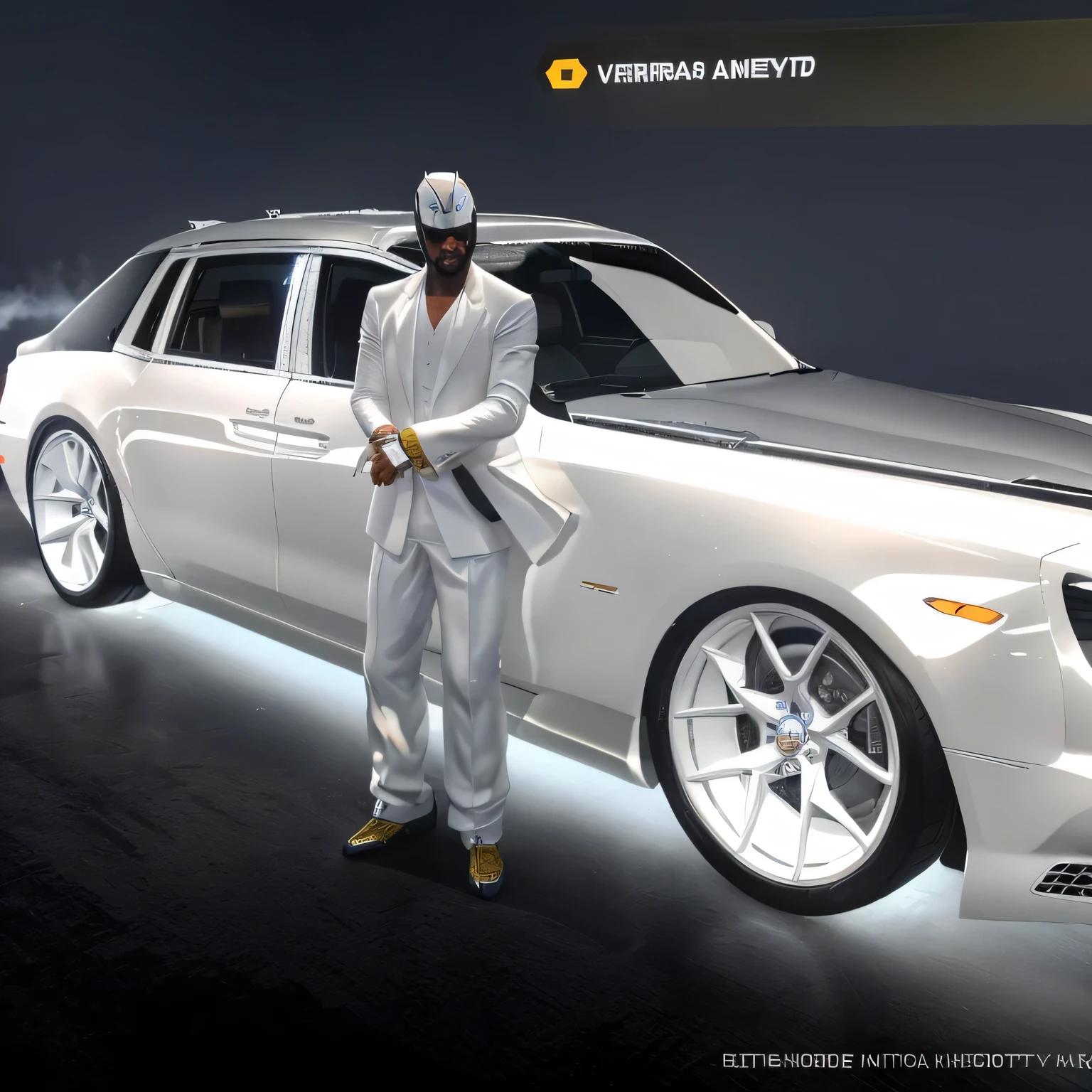 arafed man in a white suit standing next to a white car, new vehicle, miura kentaro style, anonymous as a car, highly_detailed!!, ingame image, style of gta v, platinum attire, royal attire akira, kanye west in gta v, luxury item showcase, 8 k highly detailed ❤🔥 🔥 💀 🤖 🚀, highly detailed character