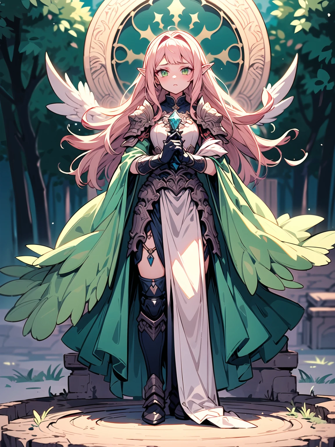 (((Masterpiece, best quality, high detailed, 8k))) Design a layout showcase Gaming character, (1girl). Light pink hair, green eyes, wearing a futuristic armor, wielding an empowering spear. (masterpiece:1.2), (best quality), ultra-detailed. (Step by step design, layout art:1.5), (luminous lighting, atmospheric lighting). Majestic elf in a magnificent forest with beautiful lighting. ((glove full hands)), intricate vambraces, high-tech legwear, (((full_body_shot:1.4))). The elf stands gracefully amidst ancient, towering trees, their leaves shimmering with a magical glow. The futuristic armor, a blend of sleek metal and glowing energy lines, contrasts beautifully with the natural surroundings. Her light pink hair flows softly around her, framing her elegant face with piercing green eyes that radiate wisdom and strength. The empowering spear she holds is adorned with mystical runes and a radiant crystal at its tip, pulsing with an ethereal light. She exudes an aura of power and serenity, perfectly harmonized with the enchanting beauty of the forest around her. Art style inspired by Artgerm, Kawacy, and Wadim Kashin.