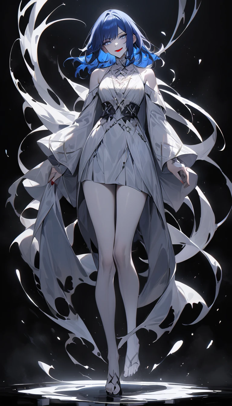 best quality、masterpiece、1 girl、black background、Blue Hair:1.5、blue eyes、Red lips, White clothes、Black and white world、Black and white world、Pale skin、Evil smile，(whole body:1.5)，Standing，Slightly sideways，Show your feet，From head to toe，best quality, high resolution
