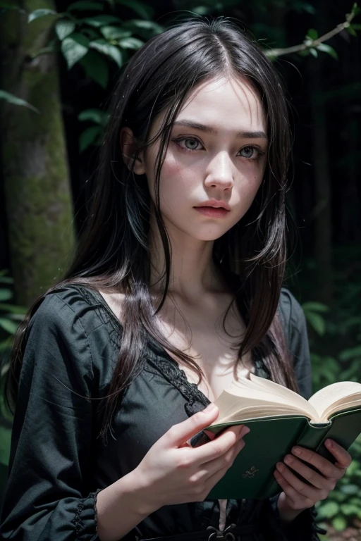 draw a dark book cover with a girl with white skin and green eyes in a dark forest pointing a wand surrounded by thorns at Tom Riddle, scars and blood, She has a serious and dark expression on her face, Their hair is long and black, Your clothes are a deep red like wine., waiting for her is raised and ready to cast a spell the cover must show a relationship of RIvality between the two