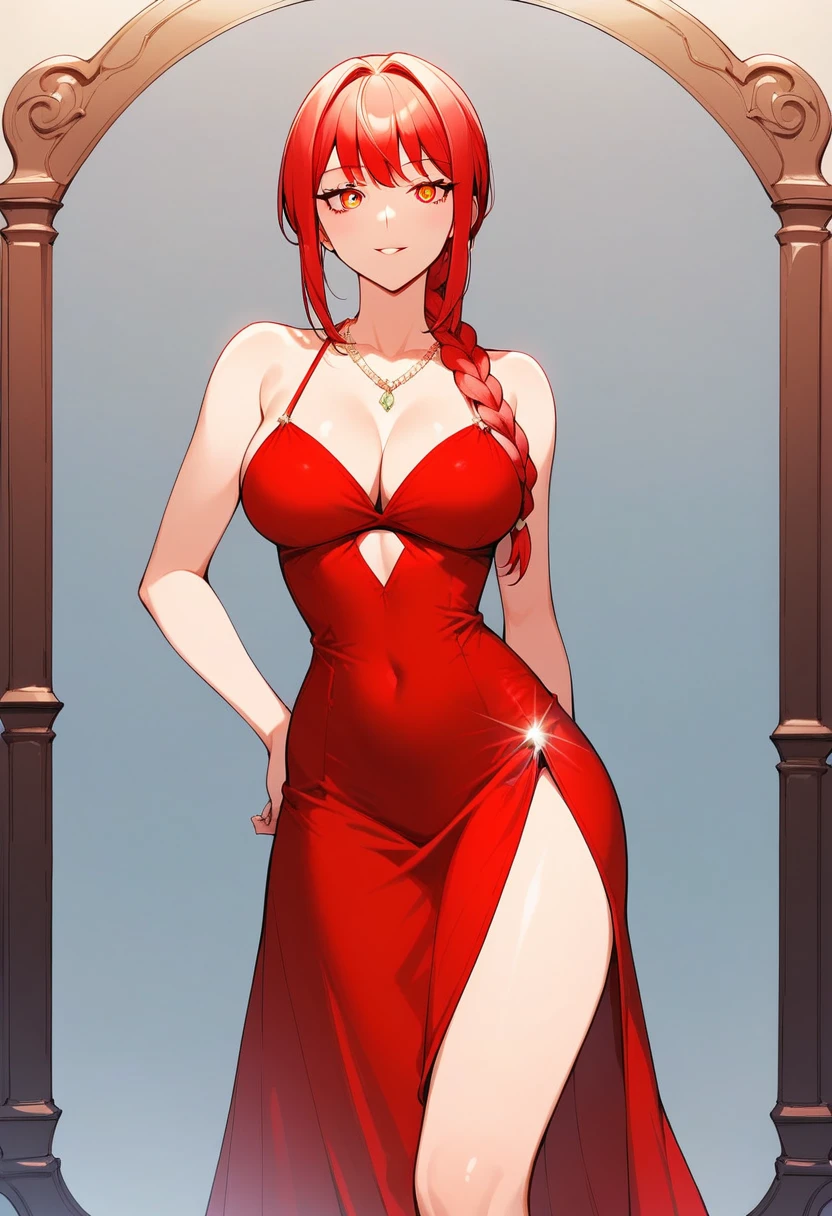 1girl, solo, makima, braided ponytail, ringed eyes, (masterpiece), best quality, expressive eyes, perfect face, a close up of a woman in a red dress standing in front of a mirror, wearing an evening gown, wearing an elegant dress, in a red dress, wearing a red dress, elegant red dress, wearing red dress, red dress, in long red or blue dresses, girl wears a red dress, she arrived in a red dress, elegant dress, with a thin waist, tes