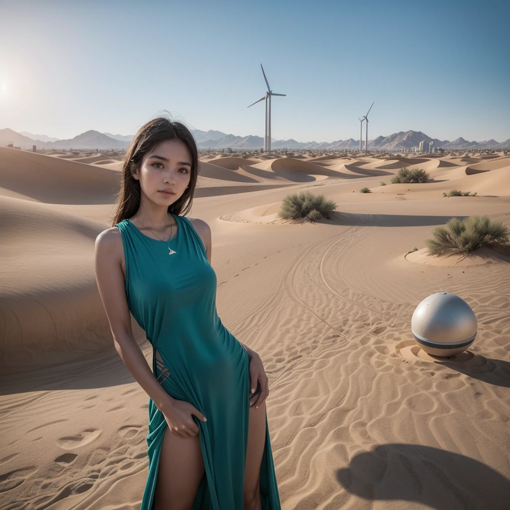 Create an image of a simple, futuristic city in the desert, and the city uses renewable energy in the year 2100, women of various ethnicities wear short, light clothes because of the heat and men wear simple clothes, the language is Brazilian Portuguese in this city, create the most realistic city possible.