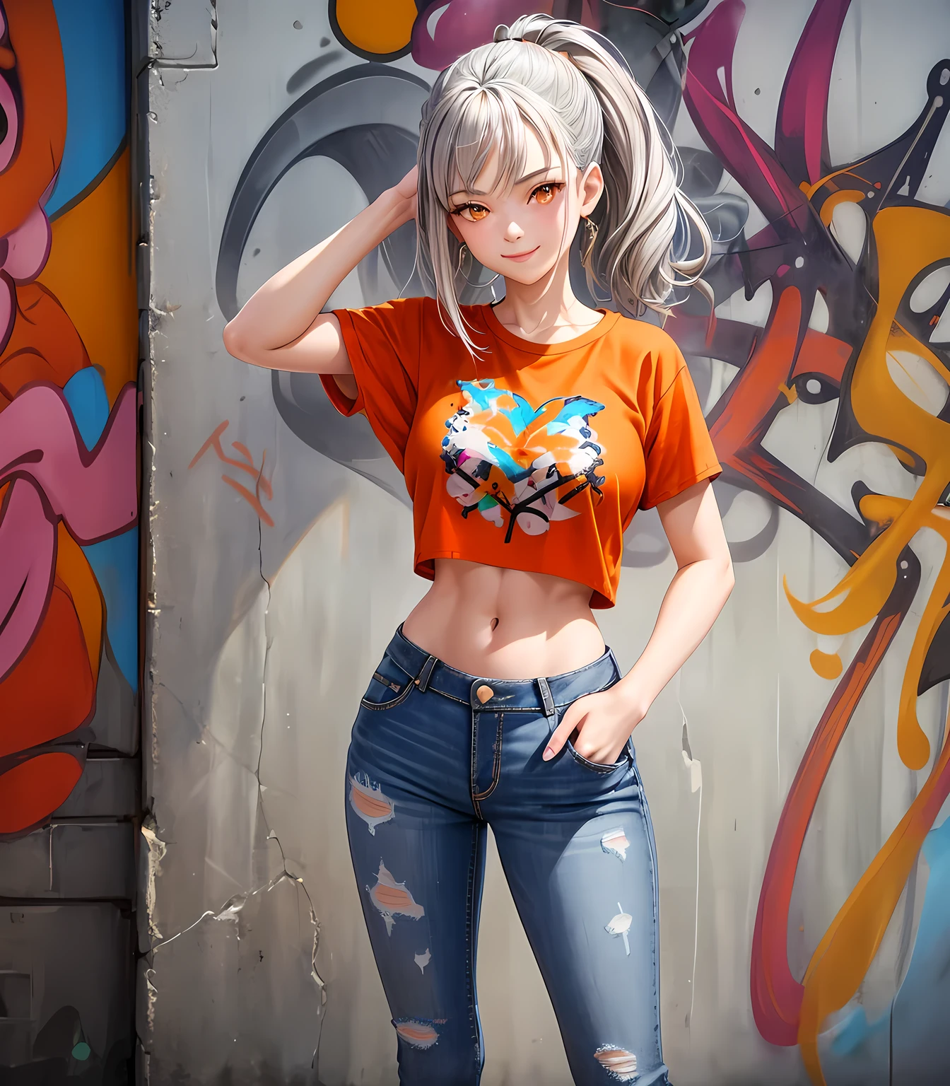 masterpiece, best quality, high detail, 1 girl, gray hair, (orange eyes), (plain t shirt), crop top, jeans, smile, realistic, (upper bod:1.3), standing in front of a wall with colorful graffiti, (graffiti), street style, alley