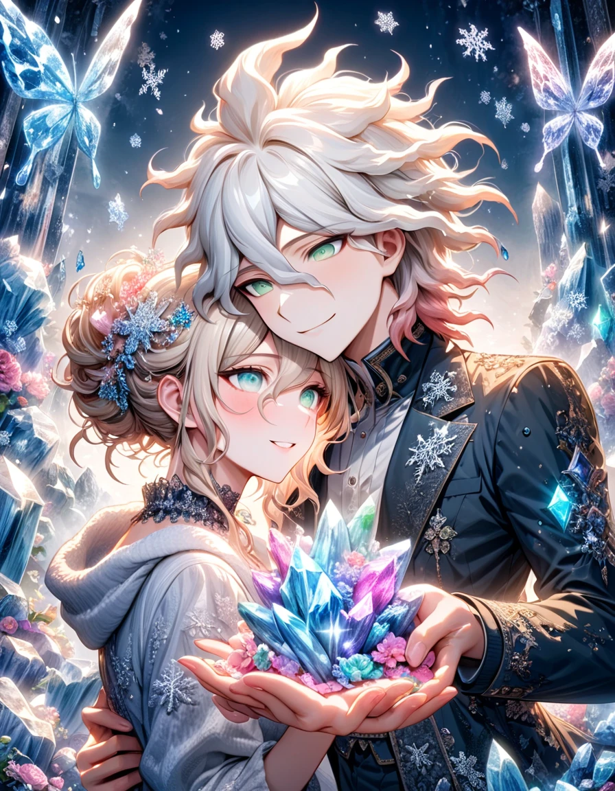 Ultra detailed, HDR, Highres, absurdres, master piece, Komaeda Nagito, white hair, expressive gray-green eyes, Aida, ash blonde hair, expressive light green eyes, black clothes, Danganronpa, ice glittering butterflies, ice, petals, ice pink glass flowers, glittering, fantasy, magical, snowflakes, cold, a handsome man together with a beautiful woman, couple, love, smiling