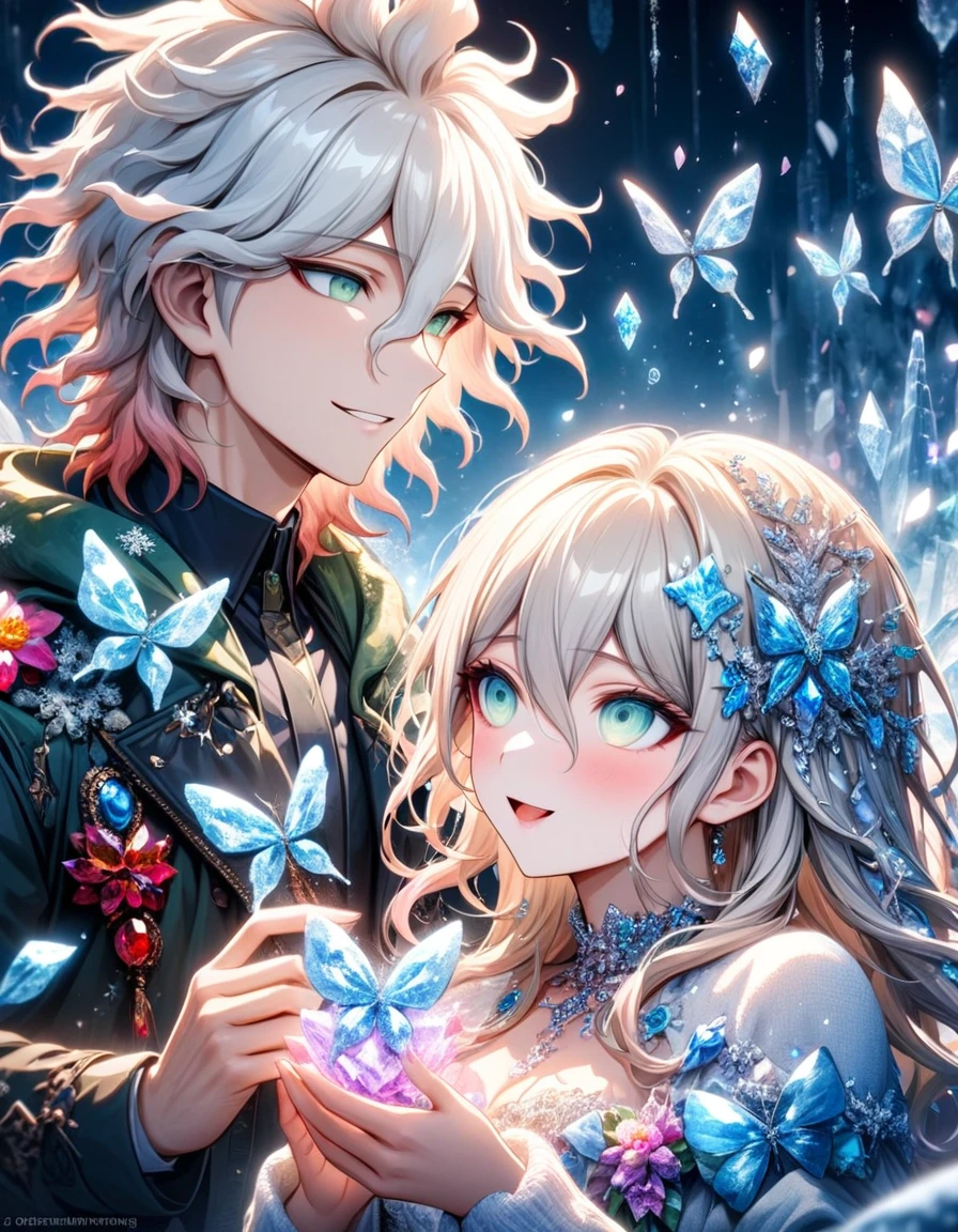 Ultra detailed, HDR, Highres, absurdres, master piece, Komaeda Nagito, white hair, expressive gray-green eyes, Aida, ash blonde hair, expressive light green eyes, black clothes, Danganronpa, ice glittering butterflies, ice, petals, ice pink glass flowers, glittering, fantasy, magical, snowflakes, cold, a handsome man together with a beautiful woman, couple, love, smiling