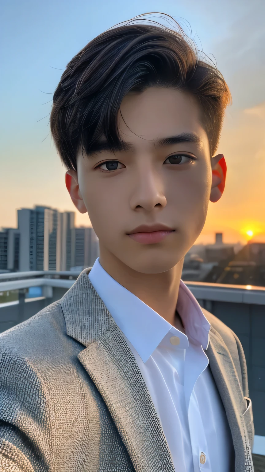 Highest quality, masterpiece, Ultra-high resolution, (Realistic: 1.4), Original photo, wallpaper, Head Photo, skin, Simple Background, Iris, detailed, Selfie, 1 boy, 18-year-old, good looking, Wind,suit、Sunset