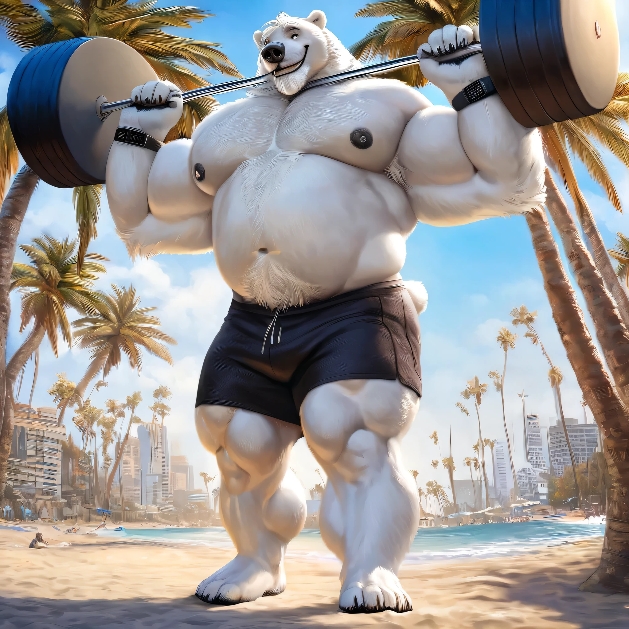 huge muscular polar bear in L.A. beach, big smile, polar bear, huge white fur, thick arm, huge arm, white mustache, bearded white. white hair and beard, bearded, (muscular, pectoral, wide pectoral, thick arms), beach, palm, realistic, 8k, masterpiece, deatiled eyes, (wearing black shorts, wristband, watch, blue shirtless and topless and feet), lifting up a huge barbell, straining