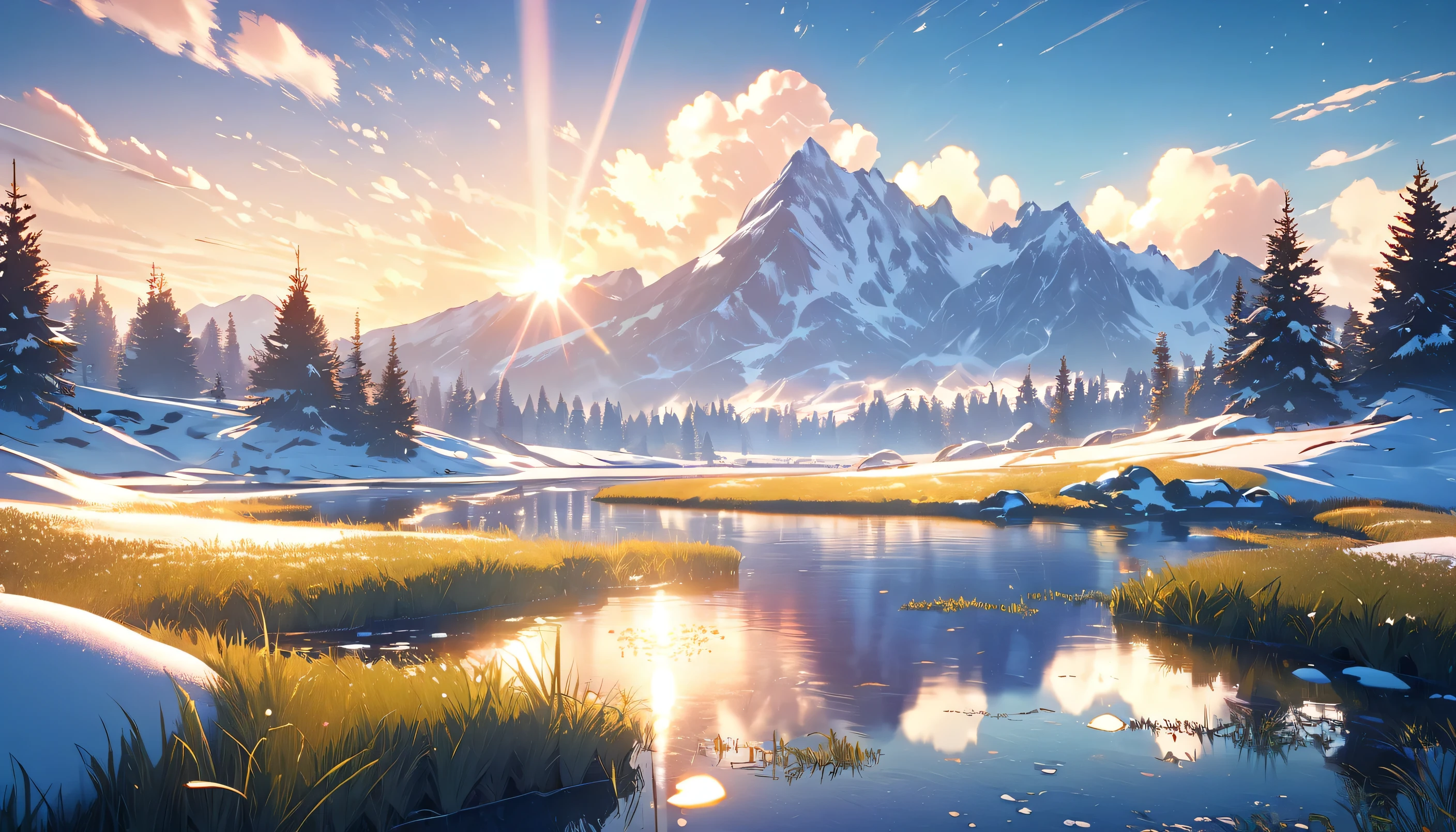 a beautiful, serene landscape of a grassy meadow with a tranquil pond, snow still lingering in the foreground, anime style, cinematic lighting, vibrant colors, highly detailed, intricate, 8k, photorealistic, masterpiece, stunning, enchanting, dreamlike, serene, peaceful, idyllic, glowing sunlight, soft shadows, delicate details, windblown grass, reflections in the water, snow-capped mountains in the distance, fluffy clouds in the sky, warm color palette, magical atmosphere