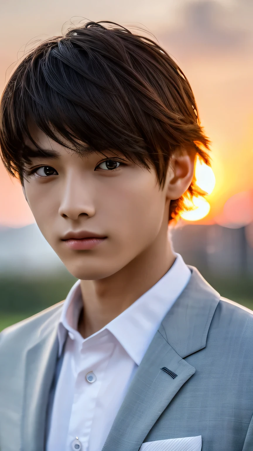 Highest quality, masterpiece, Ultra-high resolution, (Realistic: 1.4), Original photo, wallpaper, Head Photo, skin, Simple Background, Iris, detailed, Selfie, 1 boy, 18-year-old, good looking, Wind,suit、Sunset