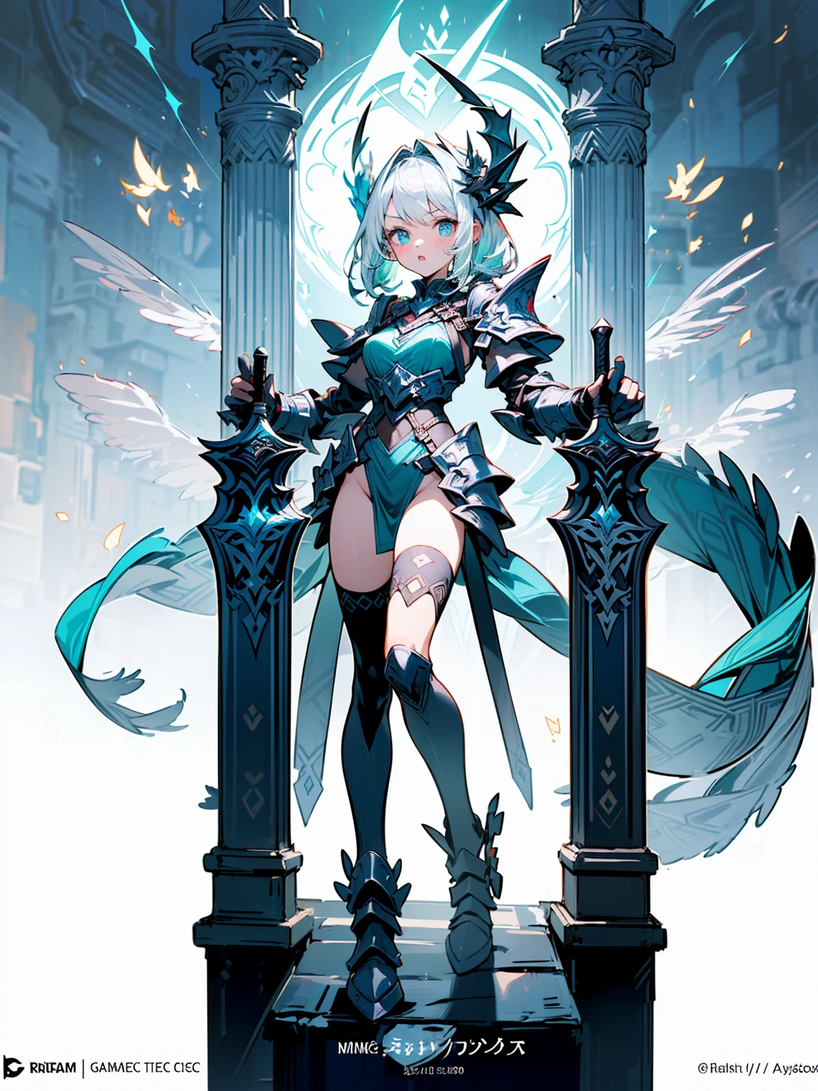 (((masterpiece, best quality, high detailed, 8k))) Design a layout showcase Gaming character, (1girl). Black dragon armor, extremely detailed, stylish and unique. ((showcase weapon:1.4)), shield and sword, with a black fire aura. (masterpiece:1.2), (best quality), 4k, ultra-detailed. (Step by step design, layout art:1.5), (luminous lighting, atmospheric lighting). dragon warrior, ((glove full hands)), (((revealing clothes:1.3))), vambraces, armored legwear, (((full_body_shot:1.4))). {In a fiery battlefield}