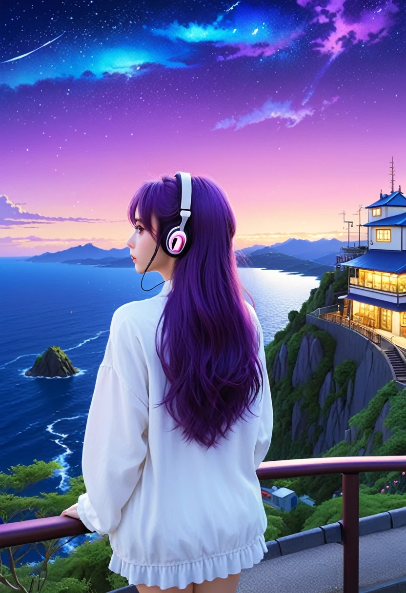 Anime style with early 80's city pop culture vibe, Atmosphere at Studio Ghibli,Very detailed and beautiful eyes、 Cyberpunk City, cute, Wear headphones, Long sleeve. Hair blowing in the wind, CG, Unity, Highest quality, masterpiece, Best lighting, Intricate weaving,Emo Background, Detailed Background, (Starry Sky: 1.5), (night: 1.5), (Cafe: 1.5) (On a hill overlooking the vast ocean: 1.5), beautiful woman, purple Long Hair, purple eyes, White skin, Rear view looking up at the sky , a bit far, beautiful