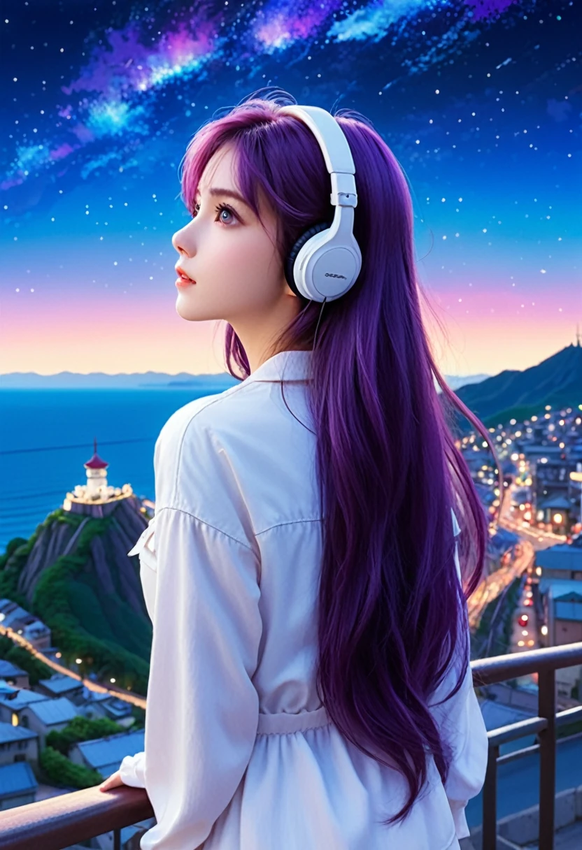 Anime style with early 80's city pop culture vibe, Atmosphere at Studio Ghibli,Very detailed and beautiful eyes、 Cyberpunk City, cute, Wear headphones, Long sleeve. Hair blowing in the wind, CG, Unity, Highest quality, masterpiece, Best lighting, Intricate weaving,Emo Background, Detailed Background, (Starry Sky: 1.5), (night: 1.5), (Cafe: 1.5) (On a hill overlooking the vast ocean: 1.5), beautiful woman, purple　Long Hair, purple eyes, White skin, Rear view looking up at the sky , a bit far, beautiful