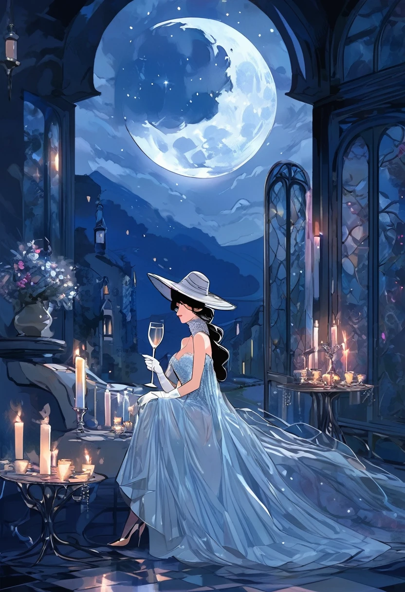 hat, a girl in transparent long dress, full moon, elbow_gloves,stiletto_heels, candles, wine_glass