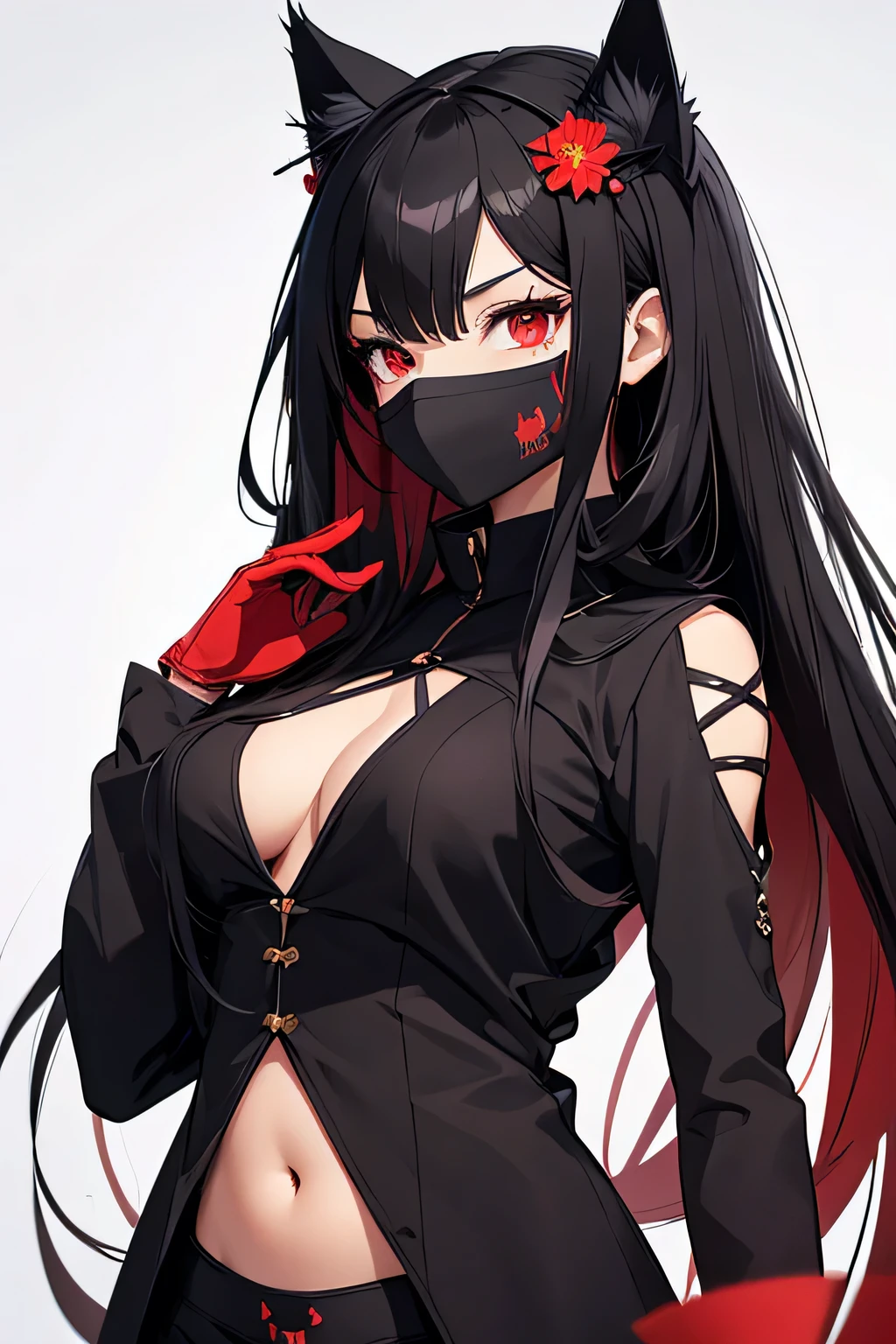 woman, cat ears, long hair, black hair with brown tips, red eyes, her clothes are ninja clothes, her clothes have a red outline, her clothes show her belly, she wears a black mask, her The mask is more detailed with an older style, gloves without the tips on her hands, the backdrop is spider lily flowers.