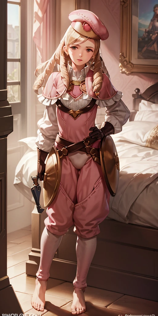 masterpiece, best quality, full body, barefoot, solo, female, big breast, feforrest, beret, pink capelet, pink tunic, white pants, brown gloves, upper body, looking at viewer, shy, from above, mansion, room, finely decorated room, pink theme, big breast but cover, hands to hip