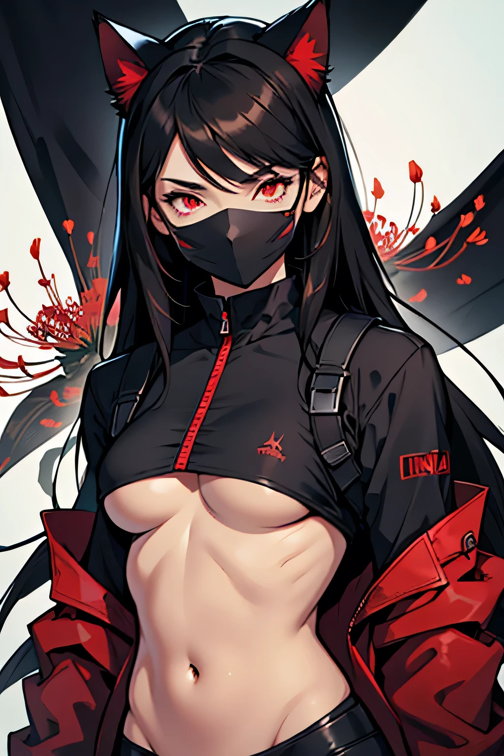 woman, cat ears, long hair, black hair with brown tips, red eyes, her clothes are ninja clothes, her clothes have a red outline, her clothes show her belly, she wears a black mask, her The mask is more detailed with an older style, gloves without the tips on her hands, the backdrop is spider lily flowers.