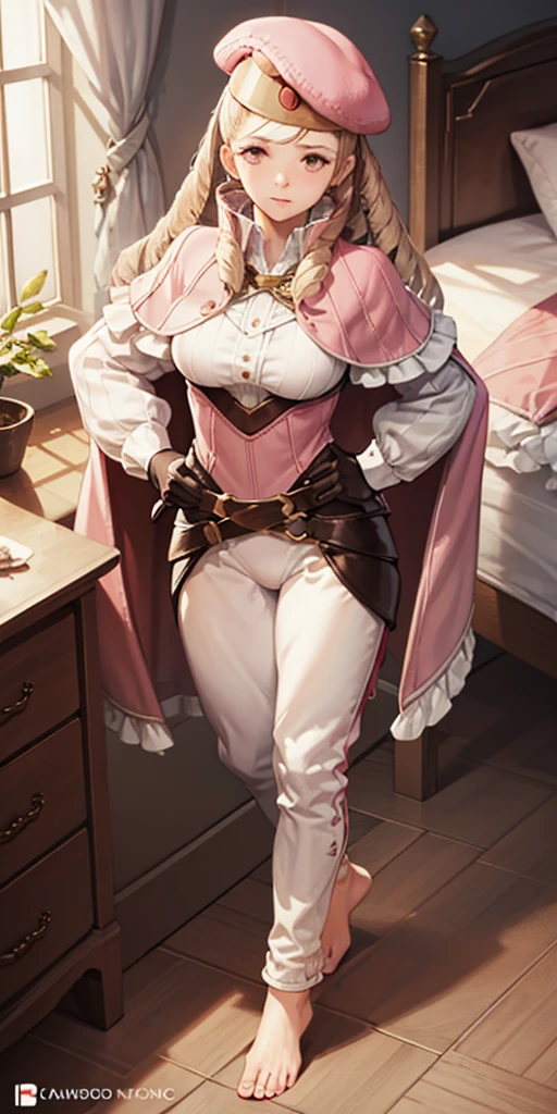 masterpiece, best quality, full body, barefoot, solo, female, big breast, feforrest, beret, pink capelet, pink tunic, white pants, brown gloves, upper body, looking at viewer, shy, from above, mansion, room, finely decorated room, pink theme, big breast but cover, hands to hip