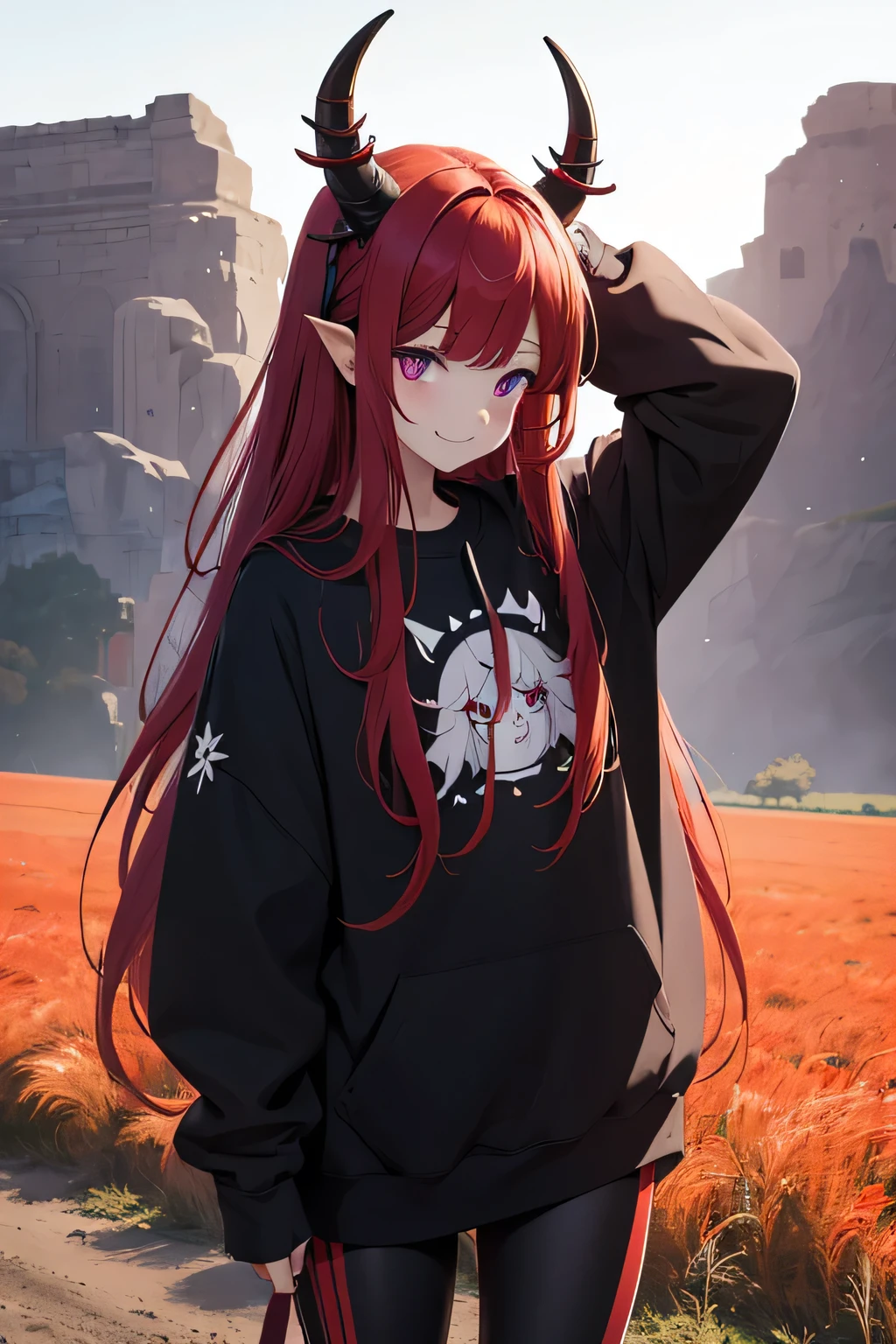 woman, long hair, red hair, on her head she has two horns, her horns are small, ears a little pointed,
one of her hands is in her hair, violet eyes, she is smiling, she wears a sweatshirt, a black sweatshirt with white symbols, she wears leggings, she wears two rings on her hand, the scene is in a field