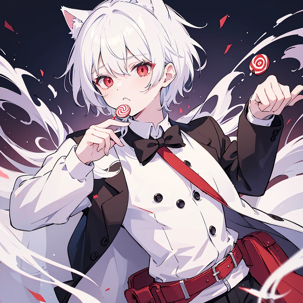 Boy with cat ears, With white hair, red eyes, , wearing jacket, bust up!!!!!!!!!,cute boy in school, holding candy, 