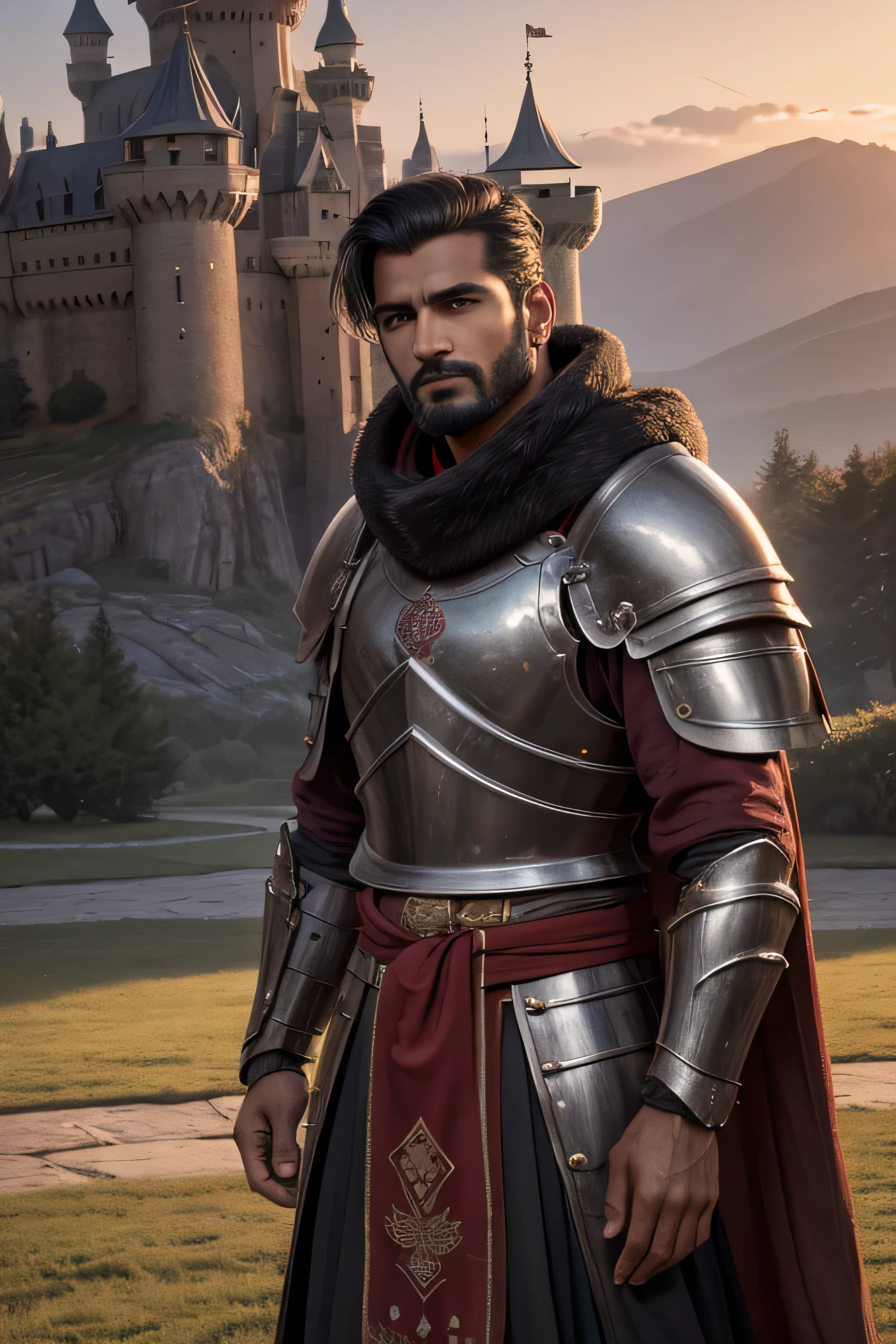 (8K, high definition, high quality, highly detailed) handsome desi knight. wearing a full plate armor. wearing a bear pelt shawl over his shoulders. black, gray, and red color palette. castle on the background. dawn. 