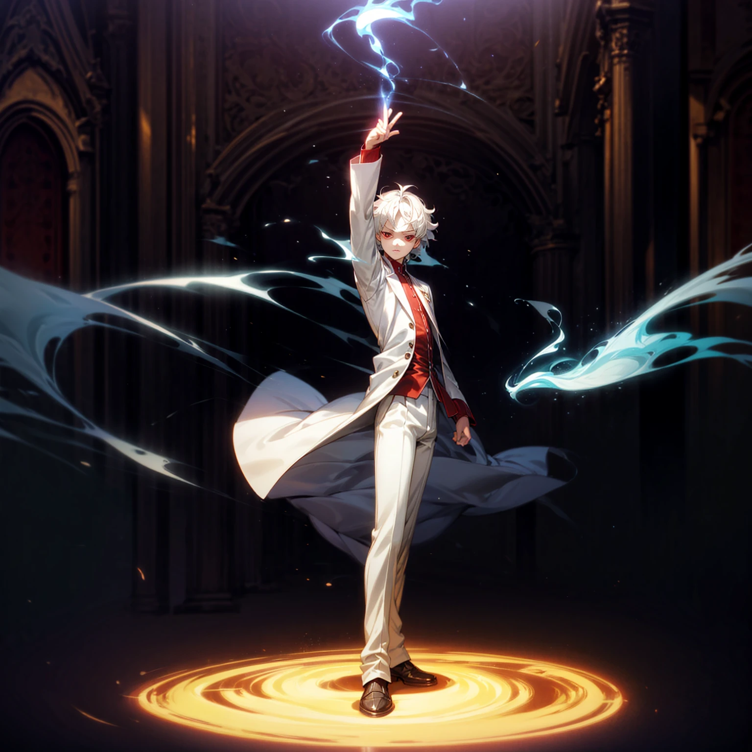 Solo, vampire, boy, Full body version, light red eyes, wavy haircut, white color hair, suit style outfit, Grassroots, full background indoor room Castle, motion blur, lighting, (one piece style art), light fire on hand, light fire in hand, standing gesture, light fire blue, smoke effect, plasma effect, aura effect, evening, ultra detailed