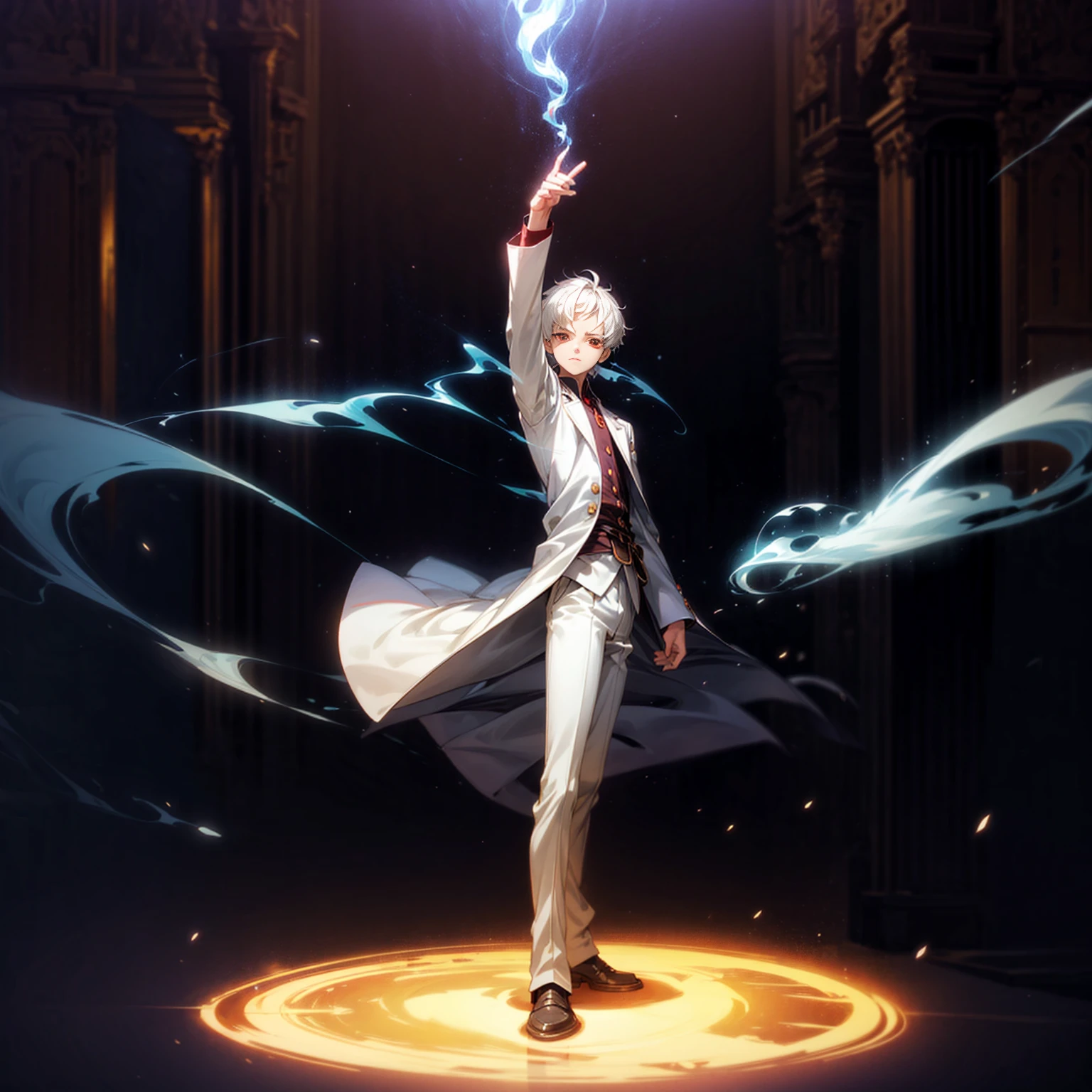 Solo, vampire, boy, Full body version, light red eyes, wavy haircut, white color hair, suit style outfit, Grassroots, full background indoor room Castle, motion blur, lighting, (one piece style art), light fire on hand, light fire in hand, standing gesture, light fire blue, smoke effect, plasma effect, aura effect, evening, ultra detailed