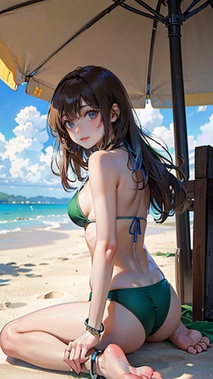(masterpiece, Highest quality:1.3), (Super detailed:1.2), (hyperRealistic:1.3), (RAW Photos:1.2), High-definition RAW color photos, Professional photos, (PhotoRealistic:1.4), (Realistic:1.4), Professional Lighting, Perfect Anatomy, (Small breasts:1.2), (blue eyes:1.8)、Detailed face), (Angry expression:1.5), (Brown Hair:1.5), Long Hair、 necklace, bracelet, Sexy, erotic Sexy, Random sexy gravure poses, (Beautiful woman in a green cross-back bikini、Sitting in the shade of a beach umbrella and winking。A simple silver anklet to adorn your feet.。: 1.3)