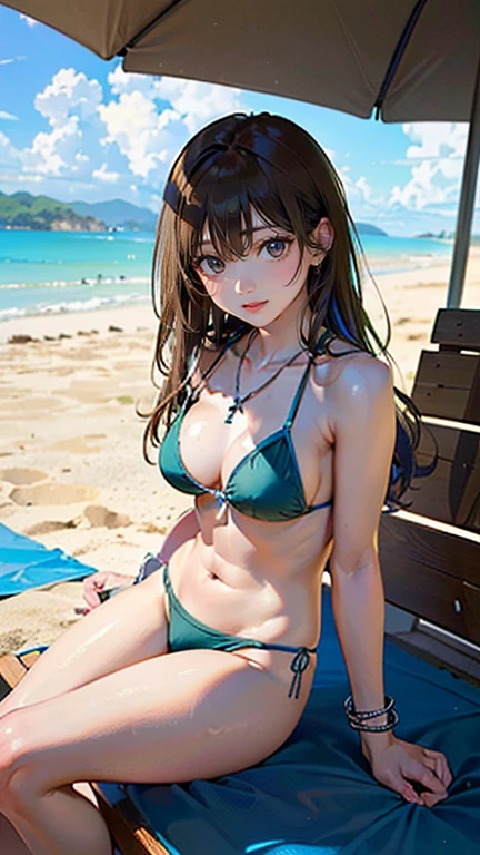 (masterpiece, Highest quality:1.3), (Super detailed:1.2), (hyperRealistic:1.3), (RAW Photos:1.2), High-definition RAW color photos, Professional photos, (PhotoRealistic:1.4), (Realistic:1.4), Professional Lighting, Perfect Anatomy, (Small breasts:1.2), (blue eyes:1.8)、Detailed face), (Angry expression:1.5), (Brown Hair:1.5), Long Hair、 necklace, bracelet, Sexy, erotic Sexy, Random sexy gravure poses, (Beautiful woman in a green cross-back bikini、Sitting in the shade of a beach umbrella and winking。A simple silver anklet to adorn your feet.。: 1.3)