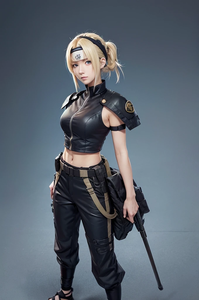 A detailed illustration of Yugito Nii from "Naruto Shippuden". She has shoulder-length blonde hair tied back, blue eyes, and fair skin. She is wearing a dark-colored combat jacket and dark combat pants, with combat sandals. A headband with the Kumogakure symbol is positioned on her forehead. She has a toned and muscular physique, standing in a confident pose.