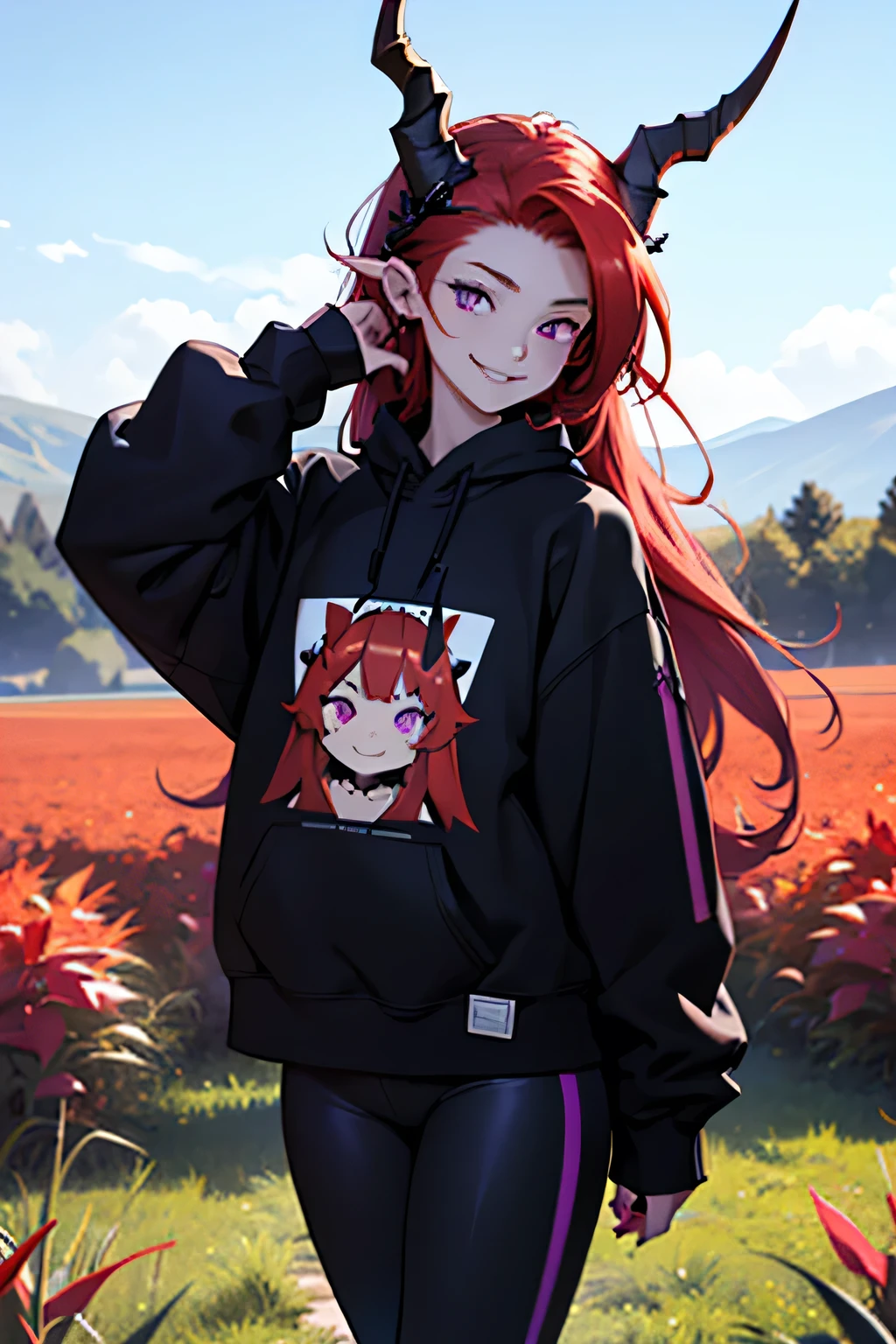woman, long hair, red hair, on her head she has two horns, her horns are small, ears a little pointed,
one of her hands is in her hair, violet eyes, she is smiling, she wears a sweatshirt, a black sweatshirt with white symbols, she wears leggings, she wears two rings on her hand, the scene is in a field