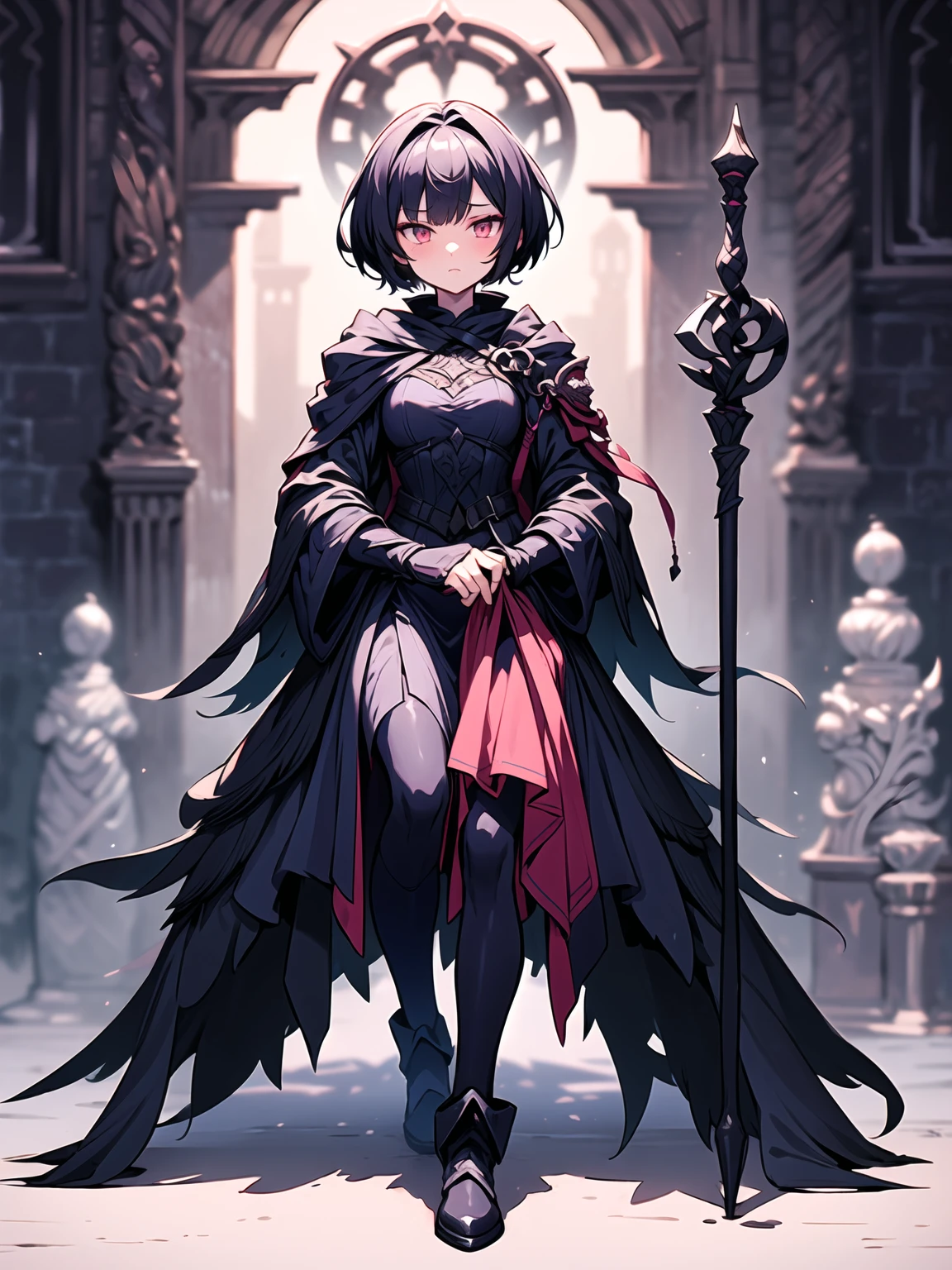 ((masterpiece, best quality, 8k))A captivating artwork of a darkly enchanting female character in a shadowy, magical setting. She wears dark and magical clothes in black and purple, perfectly matching her mysterious aura. Her short black hair and crimson eyes exude an intense beauty. She wields a dark staff, emanating a foreboding power.