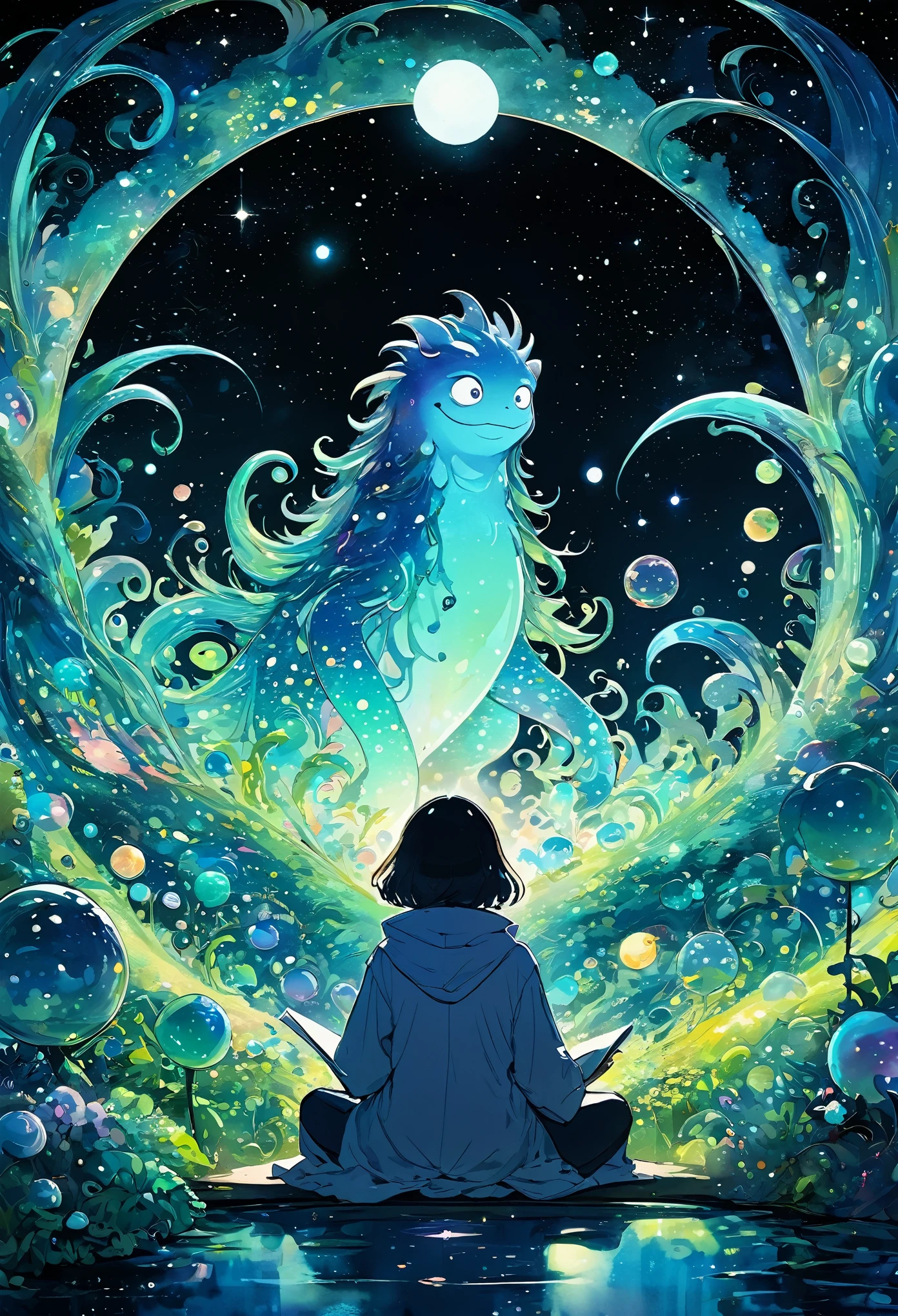 by  Julien Arnal，Abstract Pictorial，Cartoon illustration，Sequins，Ambilight，Healing gouache，Starry Sky，Dark night shimmer，Youth Manga,Glass candy wrapper,Bright tones,Gustav Klimt,A huge strange monster and several tiny monsters，Gather together to read books，gorgeous,Beautiful illustrations,Ultra-high-definition picture quality,Self-luminous,Dark Magic,Tyndall Light,Large area of white space,The character is in the center of the frame,Morandi color tone,アニメ,Style,Minimalism,32K,Stable composition,Complex details
