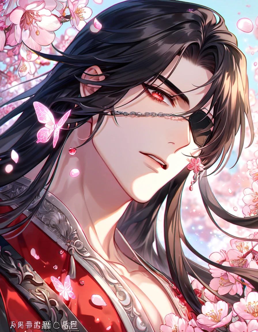 absurdres, highres, ultra detailed, HDR, master piece, best quality, extremely detailed, Hua Cheng, black hair, long hair, expressive red eyes, Heaven Official's Blessing, solo, sexy man, handsome, sensual, red robes, black eye patch, fantasy, magical, sparkling, pink glittering fireflies, pink ice, pink ice butterflies, pink ice petals, pink ice cherry blossoms, pink crystal