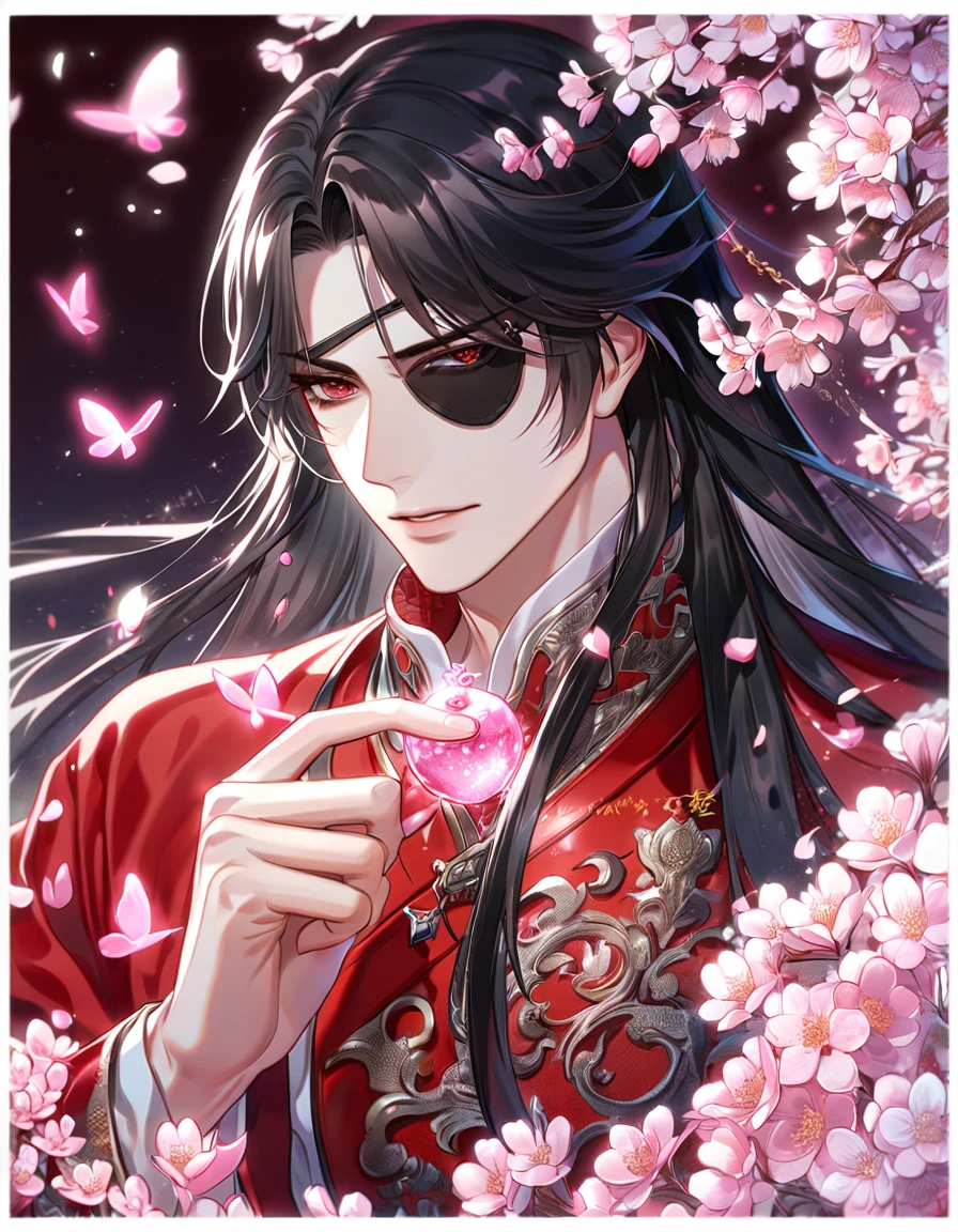 absurdres, highres, ultra detailed, HDR, master piece, best quality, extremely detailed, Hua Cheng, black hair, long hair, expressive red eyes, Heaven Official's Blessing, solo, sexy man, handsome, sensual, red robes, black eye patch, fantasy, magical, sparkling, pink glittering fireflies, pink ice, pink ice butterflies, pink ice petals, pink ice cherry blossoms, pink crystal