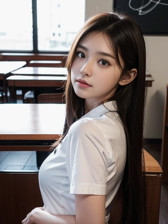 side pose:1.2, thai university uniform:1.4,Close ~ eyes:1.2,Open your mouth:1.2,Tired face:1.2,Face of Suffering:1.2,sky face:1.2,sleeping face:1.2, masterpiece、beautiful girl、fine 目、puffy eyes、highest quality, High resolution, (reality: 1.4), Cinema Lighting,so beautiful、Beautiful Skin、(super reality)、(High resolution)、(8k)、(Very detailed)、(beautiful and fine 目)、(Very detailed)、 Detailed face、black straight long hair、20-year-old、white short-sleeve button up shirt:1.2, black tight mini skirt:1.2, metal shirt buttons:1.3, in the dark classroom:1.1, looking up face:1.2, dark tone:1.1, medium close up:1.1, hair on the face:1.2
