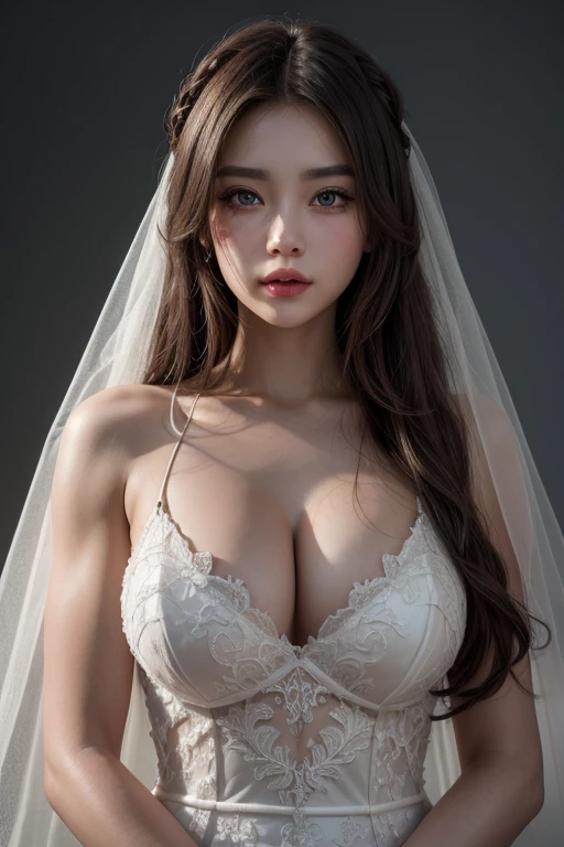 Muscle building body, perfect face 
Red lips, green eyes, big chest 
 Black Veil, wedding dress, very long red hair 
Lighting cinematic,Gray background, 
Ultra detailed,8k, FullHD,realisian model