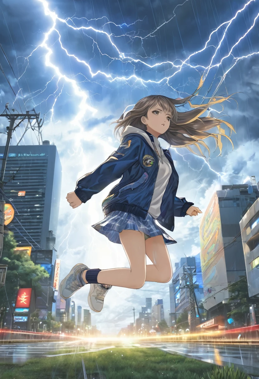 Light blue long hair、Twin-tailed Girl, Flowing hair and a stern face, Running through the city、Tokyo Tower in the background、Heavy rain and thunder、Splash Art、White owl flying in the sky、She is wearing an oversized jacket, Casual T-shirts, and short skirt, Complement with sneakers. Lightning from the sky、 A flash of light runs、Face Highlights、The girl is depicted in an action pose, Release your energy and sense of adventure, A gentle breeze blows through her hair. anime girl in a field with lightning in the sky, goddess of lightning, Splashes of lightning behind her, with lightning, detailed lighting and thunder, she is attracting lightning,
