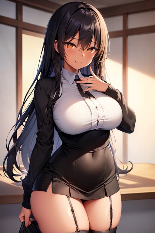 Kizi, Youngh, darkskin, long dark hair, amber eyes, cute smile, Madura, medium breasts, black short skirt, skirt necklines, Broad Hips, big-ass, nice body, longsleeve, garter-ribbons, muslos grandes, seducing gaze, one hand on the face, (masterpiece)