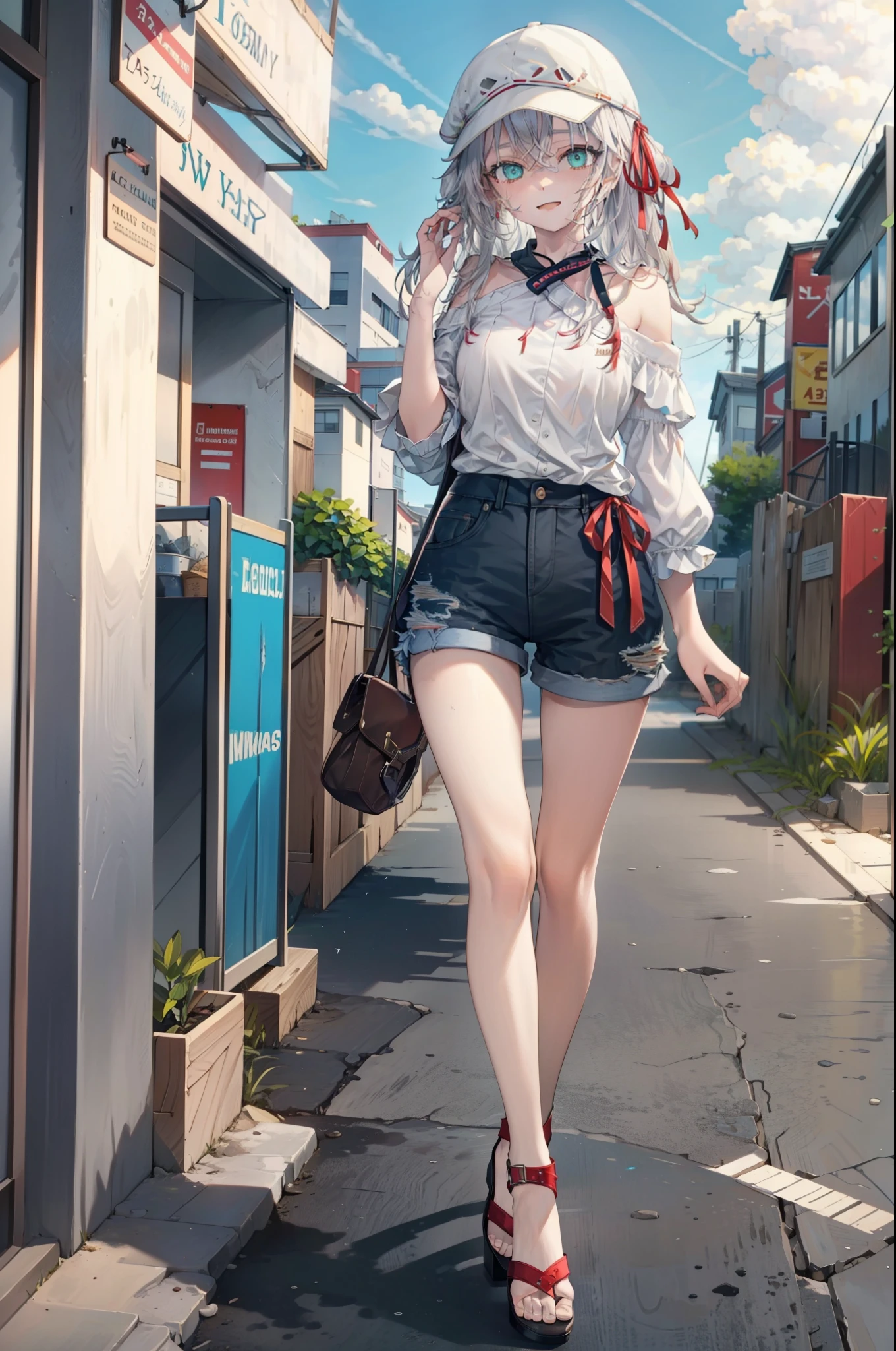  Alisa Mikhailovna Kujo,Hair between the eyes, Aqua Eye, Gray Hair, Long Hair, ribbon, hair ribbon, Oversized one-shoulder shirt,Shorts,Heeled Sandals,Baseball hats,walk,happy smile, smile, Open your mouth,whole bodyがイラストに入るように,Daytime,Clear skies,
break outdoors, Building district,
break looking at viewer, whole body,
break (masterpiece:1.2), Highest quality, High resolution, unity 8k wallpaper, (figure:0.8), (Beautiful attention to detail:1.6), Highly detailed face, Perfect lighting, Highly detailed CG, (Perfect hands, Perfect Anatomy),