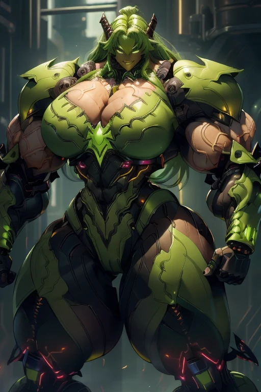 ((Close-up)), tall, (green hair) beautiful muscular woman, long curvy hair, light brown skinned, closed smile, (black lipstick), (massive muscles), (hyper muscle), (ginormous bulky muscles), glowing orange eyes, ((full green cybernetic suit of armor)), (cybernetic pants), choker, boots, in a neon city, 