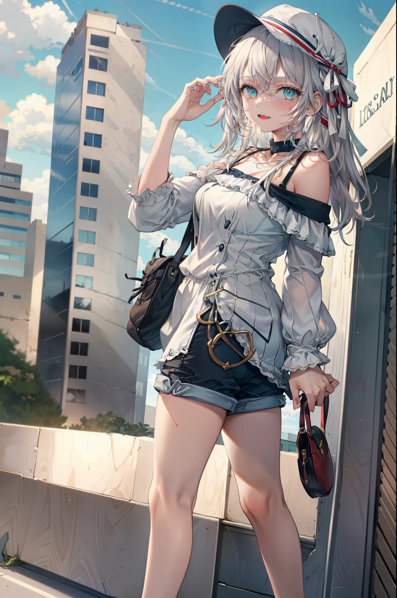 Alisa Mikhailovna Kujo,Hair between the eyes, Aqua Eye, Gray Hair, Long Hair, ribbon, hair ribbon, Oversized one-shoulder shirt,Shorts,Heeled Sandals,Baseball hats,walk,happy smile, smile, Open your mouth,whole bodyがイラストに入るように,Daytime,Clear skies,
break outdoors, Building district,
break looking at viewer, whole body,
break (masterpiece:1.2), Highest quality, High resolution, unity 8k wallpaper, (figure:0.8), (Beautiful attention to detail:1.6), Highly detailed face, Perfect lighting, Highly detailed CG, (Perfect hands, Perfect Anatomy),