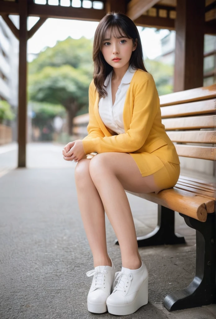 foot、Photographed from the front、mini skirt、No underwear、Sit on a bench with your legs spread、Take secret photos、Low angle shooting