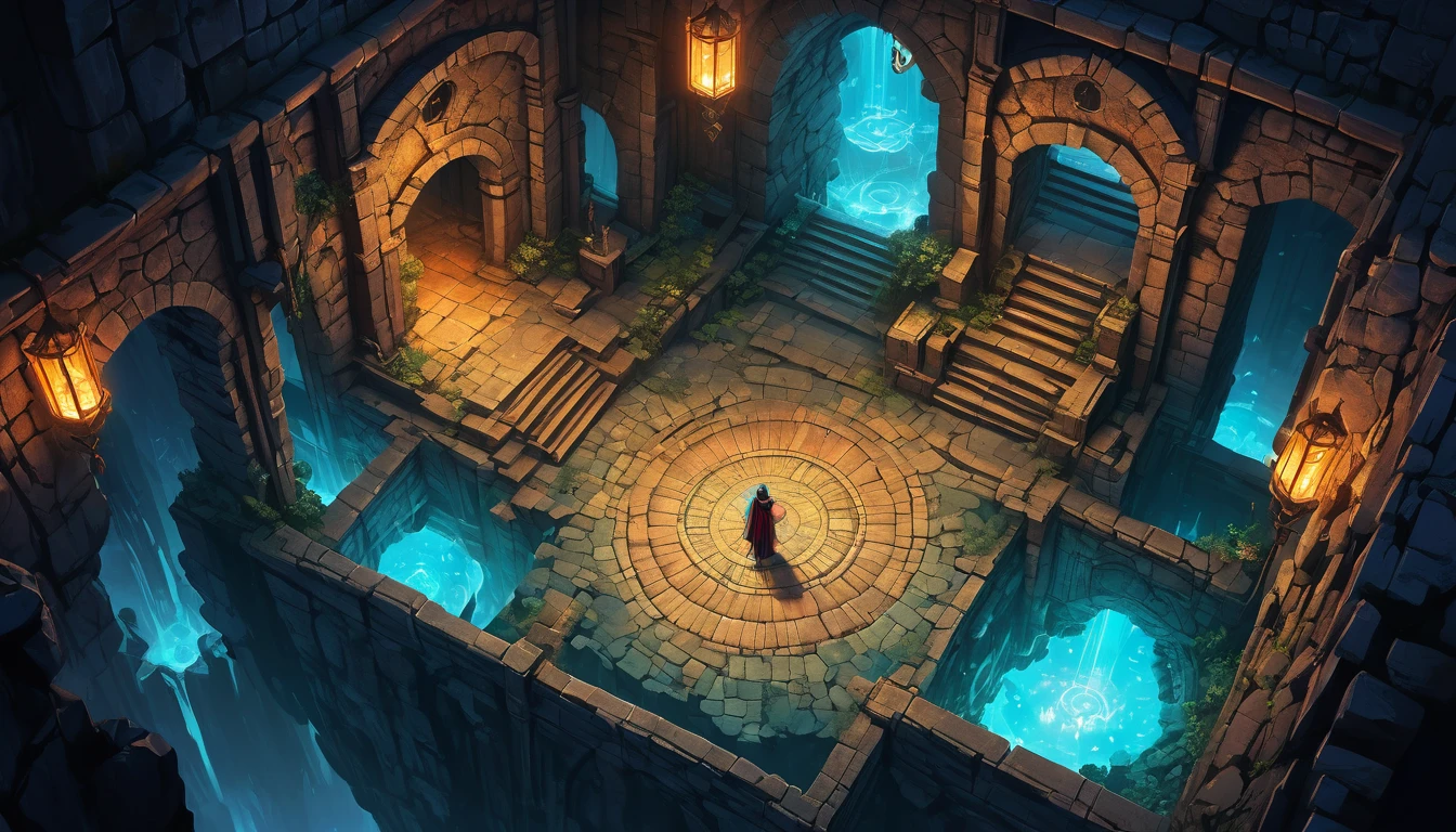 (anime, fantasy, dungeon), (best quality, highres, HDR:1.2), vibrant colors, mysterious atmosphere, dnd map, view from above, intricate, crystal dungeon, intersection tunnel