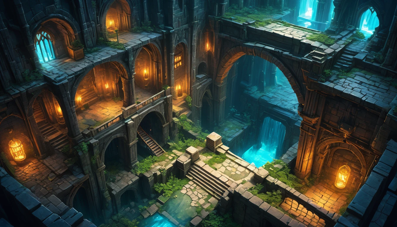 (anime, fantasy, dungeon), (best quality, highres, HDR:1.2), vibrant colors, mysterious atmosphere, dnd map, view from above, intricate, crystal dungeon, intersection tunnel