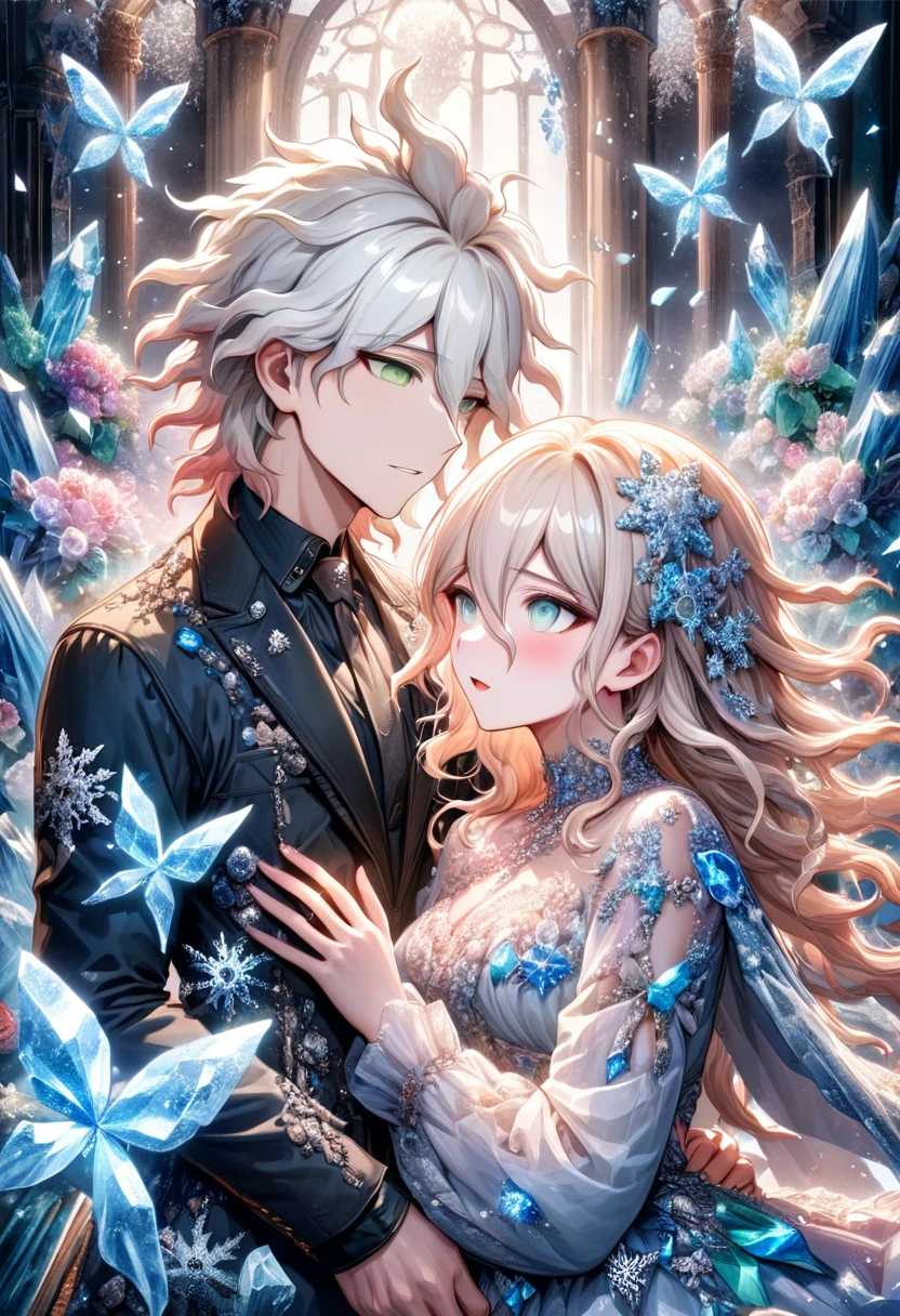 Ultra detailed, HDR, Highres, absurdres, master piece, Komaeda Nagito, white hair, expressive gray-green eyes, Aida, ash blonde hair, expressive light green eyes, black clothes, Danganronpa, ice glittering butterflies, ice, petals, ice pink glass flowers, glittering, fantasy, magical, snowflakes, cold, a handsome man together with a beautiful woman, couple, love,