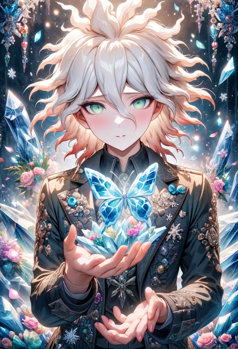 Ultra detailed, HDR, Highres, absurdres, master piece, Komaeda Nagito, white hair, expressive gray-green eyes, Aida, ash blonde hair, expressive light green eyes, black clothes, Danganronpa, ice glittering butterflies, ice, petals, ice pink glass flowers, glittering, fantasy, magical, snowflakes, cold, a handsome man together with a beautiful woman, couple, love,