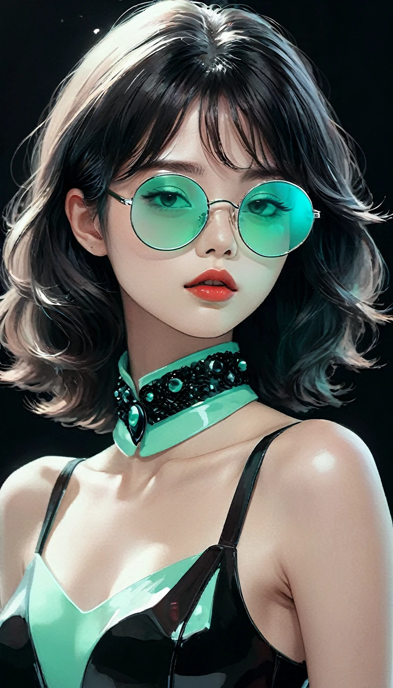 masterpiece，best quality，detail，Perfect composition，Super good quality，HD Wallpapers，A young woman wearing crimson sunglasses，illustration，With black aesthetics、The style of anime aesthetics，I can't believe how beautiful it was，Black Pearl and Mint，monochromatic minimalist portraits，Pop artistic sense，whole body，Dynamic，solo，Posing with hands on chest，